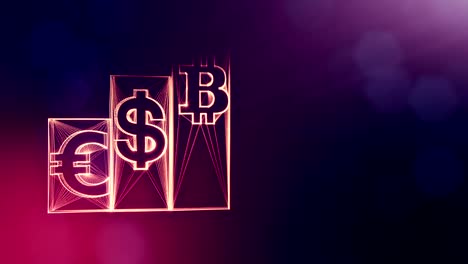 Columns-with-signs-of-bitcoin-dollar-and-euro.-Financial-background-made-of-glow-particles-as-vitrtual-hologram.-Shiny-3D-loop-animation-with-depth-of-field,-bokeh-and-copy-space.-Violet-background-1