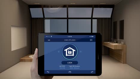 Contacto-con-aplicación-de-smart-pad-de-IoT,-casa-seguridad-cerradura-ahorro-de-energía-control-de-eficacia,-electrodomésticos-inteligentes,-internet-de-las-cosas.