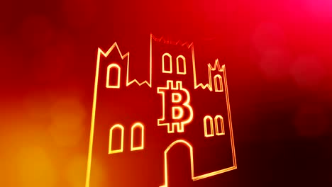 logo-bitcoin-en-el-emblema-del-castillo.-Fondo-financiero-hecho-de-partículas-de-brillo-como-holograma-vitrtual.-Animación-loop-3D-brillante-con-la-profundidad-de-campo,-bokeh-y-copia.-V2-color-rojo