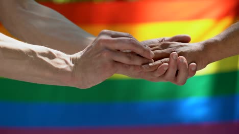 Homosexual-male-putting-wedding-ring-on-partner,-lgbt-flag-background,-equality