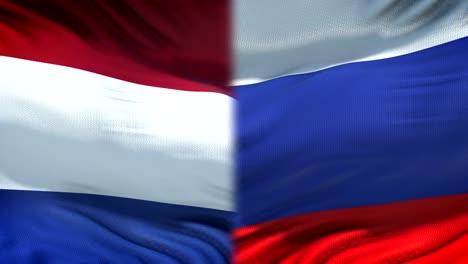 Niederlande-und-Russland-Fahnen-Hintergrund,-diplomatische-und-wirtschaftliche-Beziehungen