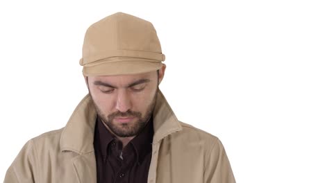 Face-of-handsome-man-using-a-digital-tablet-on-white-background