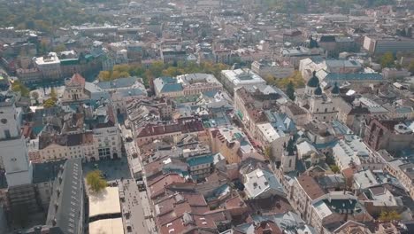 Aerial-City-Lviv,-Ukraine.-European-City.-Popular-areas-of-the-city.-Town-Hall