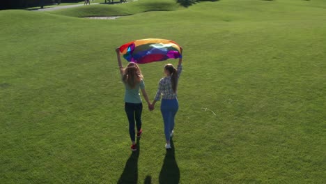 Vista-de-drone-de-pareja-gay-caminando-con-bandera-arco-iris