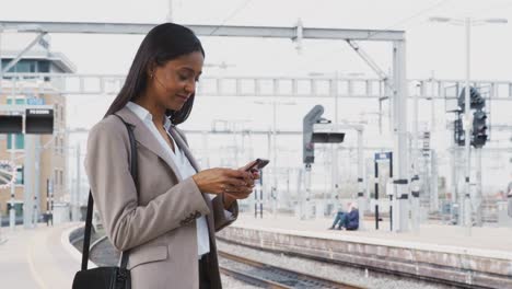 Geschäftsfrau-pendelt-zur-Arbeit-stehend-auf-dem-Bahnsteig-mit-Dem-Handy