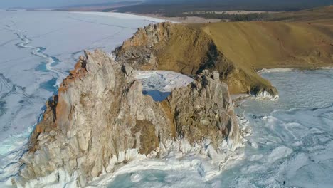 Winter-scene-of-Lake-Baikal-Aerial-Top-view-Famous-tourist-destination-Cape-Burkhan