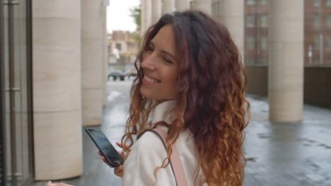 Happy-Woman-Walking-in-Urban-Area