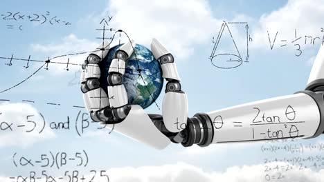 Ecuación-matemática-y-una-mano-robótica-sosteniendo-un-globo-terráqueo.