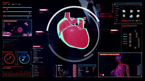 Businessman-touching-digital-screen,-scanning-heart.-Human-cardiovascular-system.