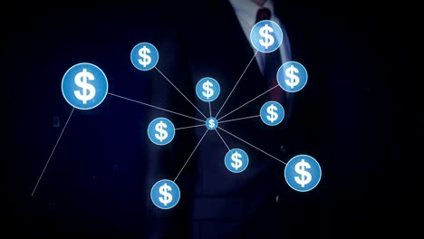 Businessman-touching-Dollar-currency-symbol,-Numerous-dots-gather-to-create-a-Pound-currency-sign,-dots-makes-global-world-map,-internet-of-things.-financial-technology