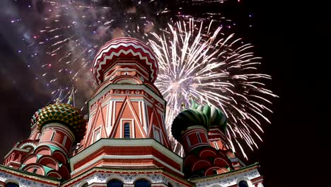 Cathedral-of-Intercession-of-Most-Holy-Theotokos-on-the-Moat-(-Temple-of-Basil-the-Blessed)-and-fireworks,--Red-Square,-Moscow,-Russia