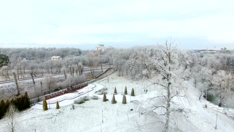 Antena:-Nevado-parque-público-en-Kaliningrado,-Rusia