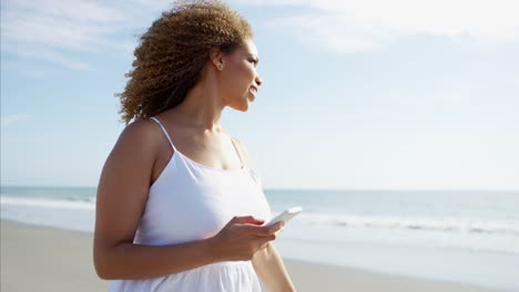 Mujer-afroamericana-con-teléfono-inteligente-al-atardecer