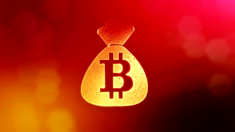 logo-de-Bitcoin-en-la-bolsa.-Concepto-financiero.-Fondo-financiero-hecho-de-partículas-de-brillo-como-holograma-vitrtual.-Animación-loop-3D-brillante-con-la-profundidad-de-campo,-bokeh-y-copia.-Fondo-rojo-v1.