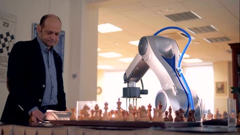 Innovative-gaming-emulator,-robot-playing-chess-with-a-human.-Futuristic-robotic-concept.