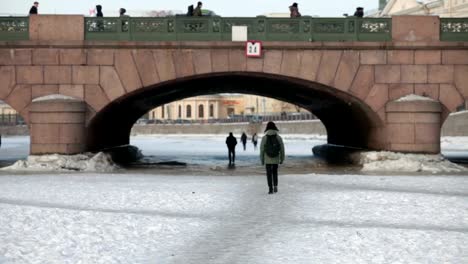 People-walk-on--ice-of-the-river