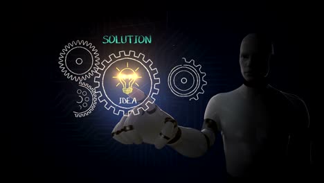 Robot,-cyborg-touching-icon,-Drawing-success,-solution-concept-with-gear-wheel-on-chalkboard,-creative,-strategy.-Animation.-4k-movie