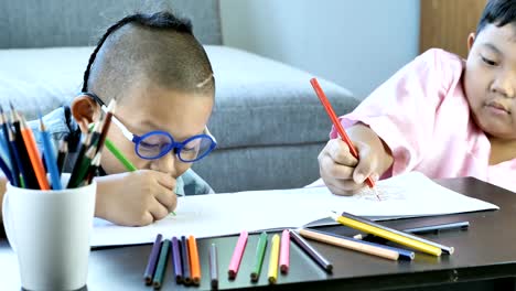 Boys-with-disability,-brain-disorders-And-Left-eye-is-not-visible-from-brain-surgery.-Have-fun,-enjoy-drawing-or-write-in-book-with-friends-at-home.