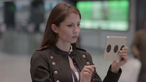 Good-looking-Caucasian-lady-texting-messages-and-sending-data-on-digital-tablet