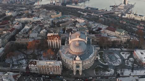 Aerial-view-on-Odessa-opera-and-ballet-theater-during-winter-time-at-sunset