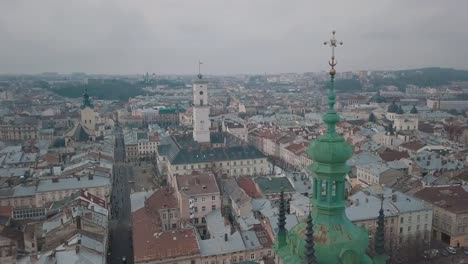 Aerial-City-Lviv,-Ukraine.-European-City.-Popular-areas-of-the-city.-Ratush