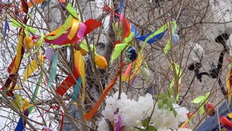 Easter-tree,-willow-decorated-with-decorative-eggs-and-colored-ribbons,--holiday-background