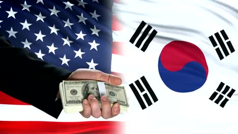 USA-and-South-Korea-officials-exchanging-tank-for-money,-flag-background,-deal