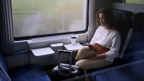 Travelling-on-the-train-woman-with-phone-near-window