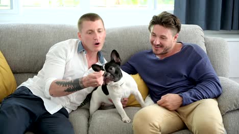 Gay-couple-relaxing-on-couch-with-dog.-Playing-with-dog-and-feeding-it.