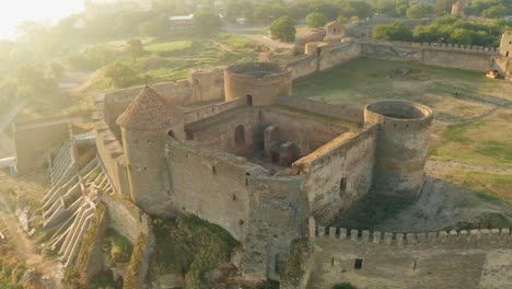 Aerial-view-of-the-Old-fortress-in-Belgorod-Dniester-at-Sunrise,-Ukraine