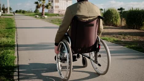 Walk-of-man-in-wheelchair-in-sunny-day-outdoors,-back-view