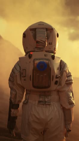 Astronaut-on-Mars-Walking-and-Exploring-Planet-near-His-Base/-Research-Station.-Manned-Mission-To-Mars,-Technological-Advance-Brings-Space-Exploration.-Video-Footage-with-Vertical-Screen-Orientation