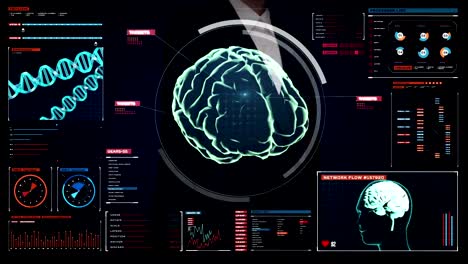 Geschäftsfrau,-die-den-digitalen-Bildschirm,-Scanning-Brain.cerebrum,-berührt.