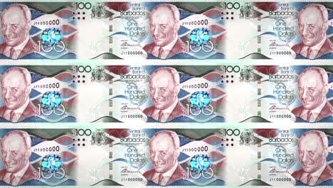 Banknotes-of-one-hundred-dollars-of-Barbados-island-rolling,-cash-money,-loop