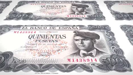 Banknotes-of-five-hundred-spanish-pesetas-of-the-bank-of-Spain-rolling-on-screen,-coins-of-the-world,-cash-money,-loop