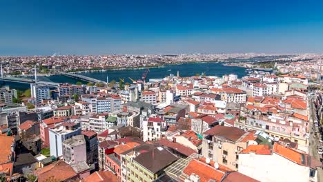 Der-Blick-vom-Galata-Turm-auf-Galata-Brücke-Timelapse-Goldenes-Horn,-Istanbul,-Türkei