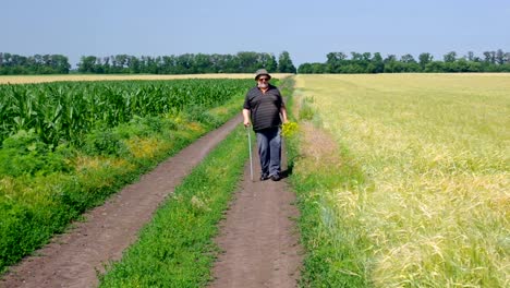 Hombre-gordo-senior-con-ramo-de-flores-salvajes-caminando-por-un-camino-rural