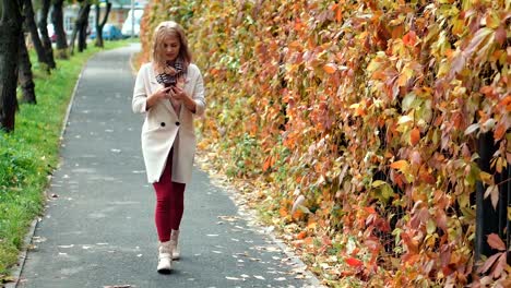 Young-woman-using-smartphone-during-walk-in-autumn-park