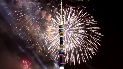 Fireworks-over-the-Television-(Ostankino)-tower,-Moscow,-Russia