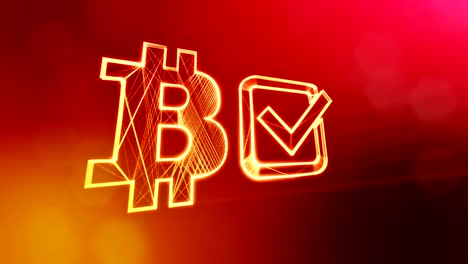 Logo-bitcoin-and-tick-in-the-box.-Financial-background-made-of-glow-particles-as-vitrtual-hologram.-Shiny-3D-loop-animation-with-depth-of-field,-bokeh-and-copy-space..-Red-background-v1