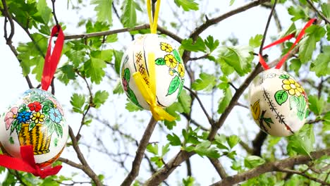 Colgando-de-la-ramita-en-el-jardín-los-huevos-de-Pascua.-Panorámica.