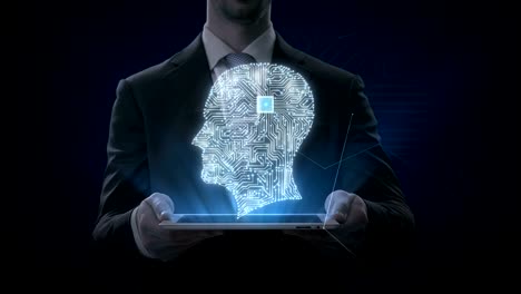 Businessman-lifting-tablet,-CPU-chip-circuit-board-connected-human-head-shape,-4K-movie.grow-artificial-intelligence.-1.