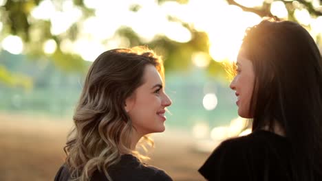 Pareja-femenina-LGBT-junto-en-el-parque-durante-la-puesta-de-sol-de-oro-hora