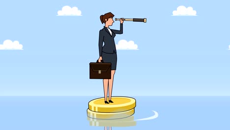 Flat-cartoon-businesswoman-character-with-case-bag-and-looks-through-spyglass-floating-on-dollar-coins-animation