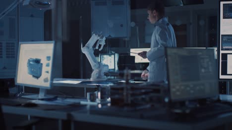 Professional-Heavy-Industry-Robotics-Engineer-Wearing-White-Coat-Holding-Tablet-Computer-Walks-Through-Laboratory.-Facility-Full-of-Computers,-Various-Industrial-Design-Components-and-with-Robotic-Arm