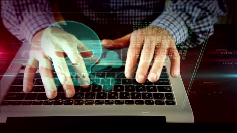 Man-writing-on-laptop-keyboard-with-skull