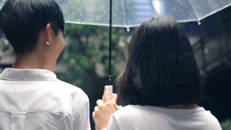 Slow-motion-Close-up-of-happy-lesbian-couple-walking-in-the-rain-and-holding-umbrella-together