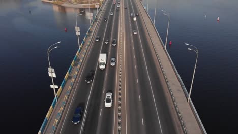 Bridge-highway-cars-traffic-aerial-high-angle-shot-in-Kyiv-Ukraine