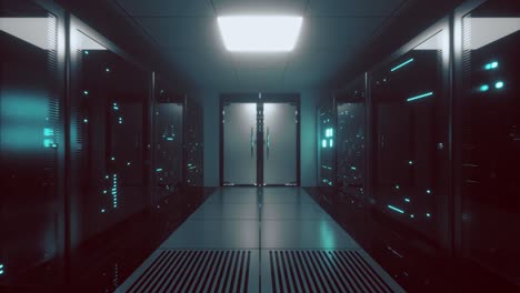 Endless-flight-along-server-blocks.-Data-center-and-internet.-Server-rooms-with-working-flickering-panels-behind-the-glass.-Technology-corridor.-Seamless-loop-3d-render