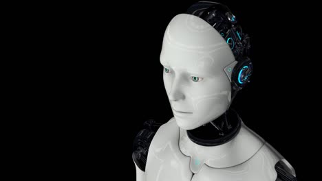 The-humanoid-robot-is-active.-Artificial-intelligence.-The-camera-moves-away.-4K.-3D-animation.-On-a-black-background.